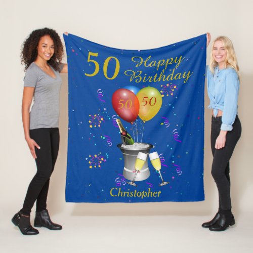 50th Birthday Sparkling Wine Celebration Blue Fleece Blanket