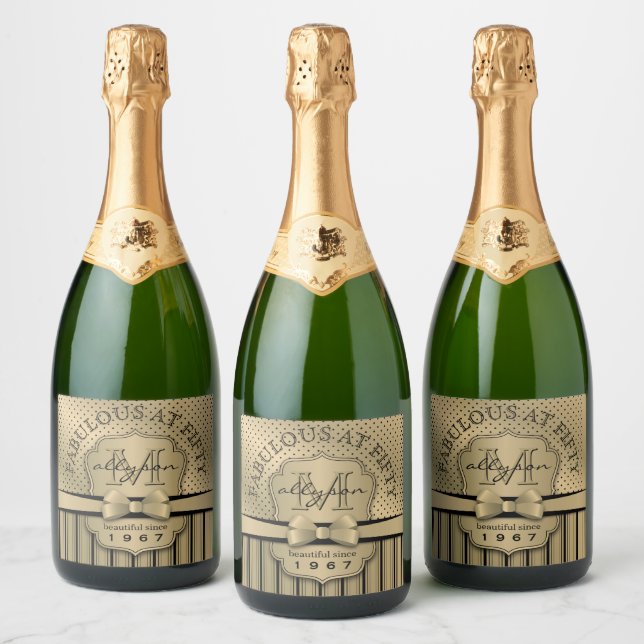 50th Birthday Sparkling Wine Gold Polka Dot Stripe Label (Bottles)
