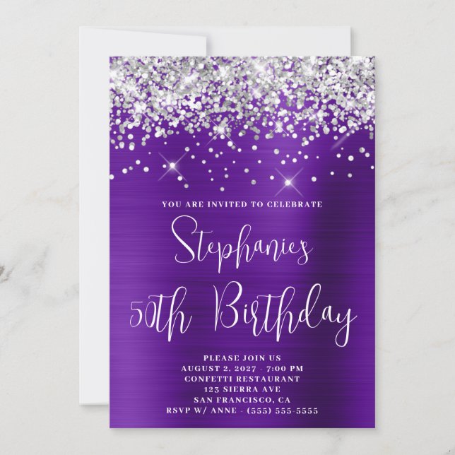 50th Birthday Sparkly Silver Glitter Purple Satin Invitation (Front)