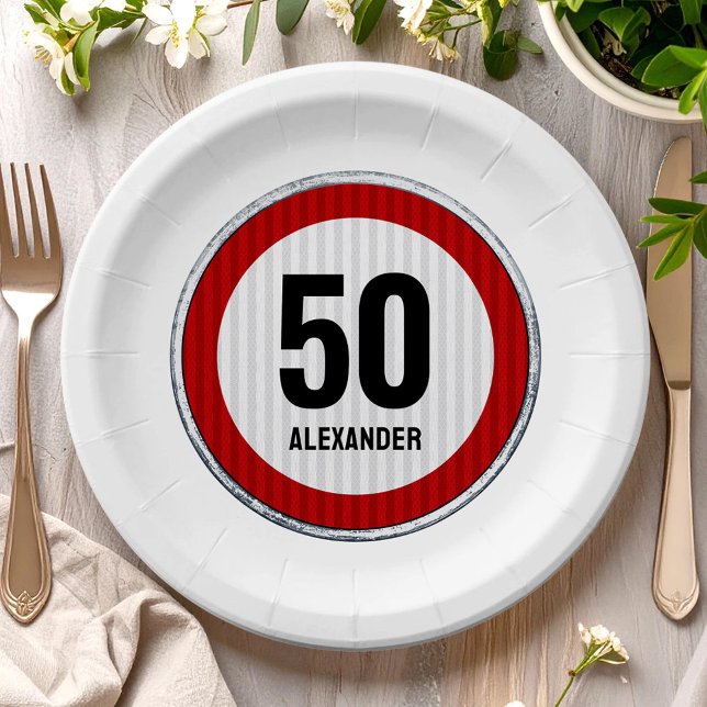 50th Birthday Speed Limit Sign  CUSTOM AGE & NAME Paper Plates (Creator Uploaded)