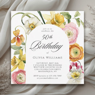 50th Birthday Spring Garden Watercolor Floral Invitation