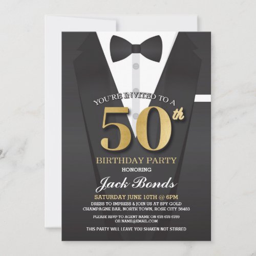 50th Birthday Spy Suit Black tie Gold Invitation