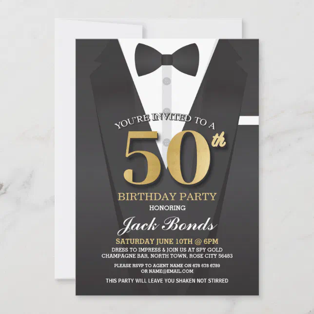 50th Birthday Spy Suit Black tie Gold Invitation | Zazzle