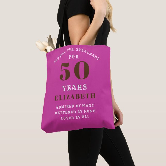 50th Birthday Standards Cute Pink Add Your Name Tote Bag (Close Up)