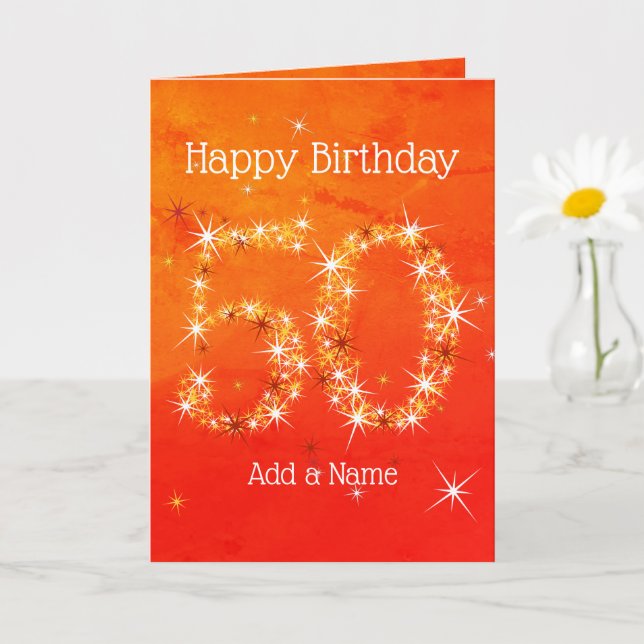 50th Birthday - Star Number Red Orange Glow Age 50 Card (Small Plant)