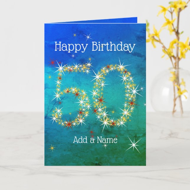 50th Birthday - Star Numbers - Blue Green - Age 50 Card (Yellow Flower)