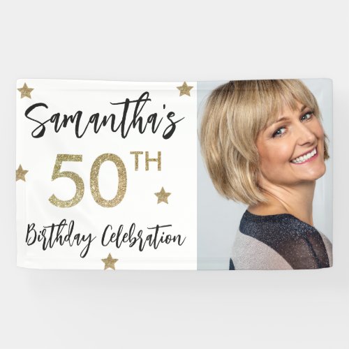 50th Birthday Stars Photo Gold Party Banner
