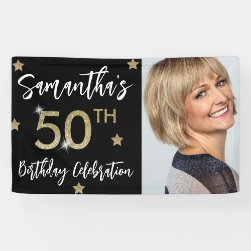 50th Birthday Stars Photo Gold Party Banner