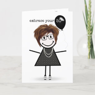 50th Birthday Stick Figure Girl with Balloon   Card