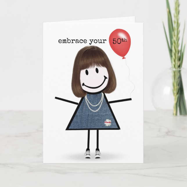 50th Birthday Stick Figure Girl with Red Balloon  Card (Front)