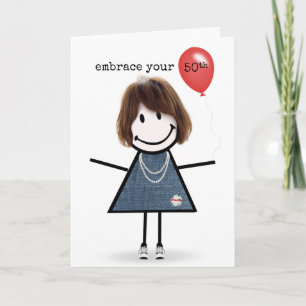 50th Birthday Stick Figure Girl with Red Balloon Card