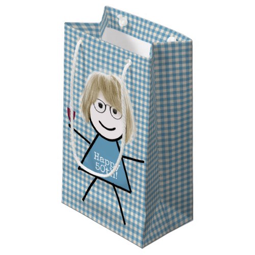 50th Birthday Stick Girl On Gingham with Wine  Small Gift Bag