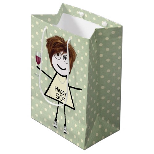 50th Birthday Stick Girl On Polka Dots Medium Gift Bag