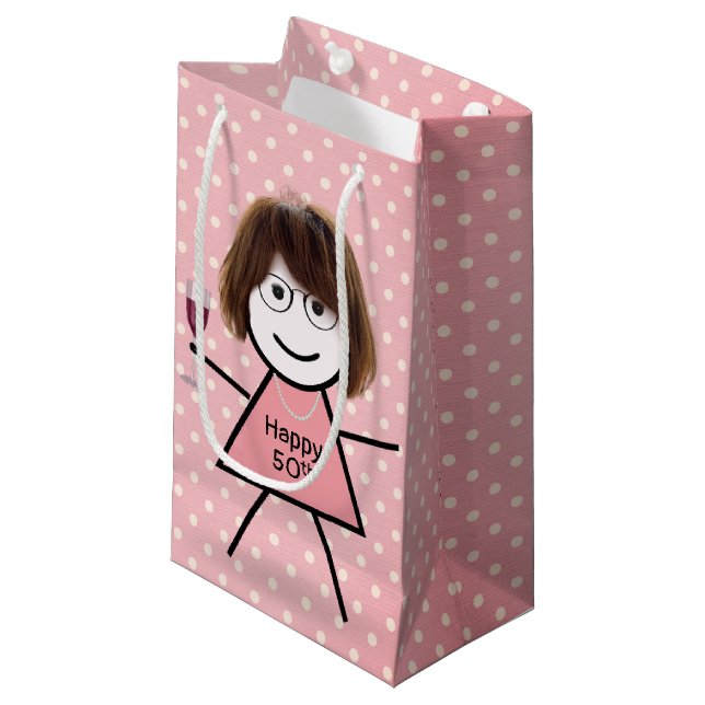 50th Birthday Stick Girl On Polka Dots   Small Gift Bag (Front Angled)