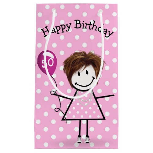 50th Birthday Stick Girl with Pink Balloon  Small Gift Bag