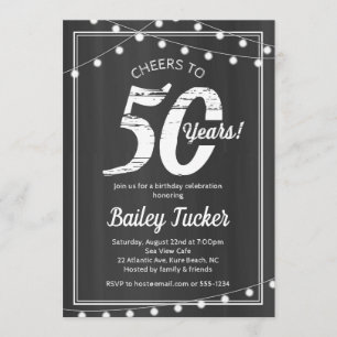 50th Birthday String Lights on Chalkboard Invitation