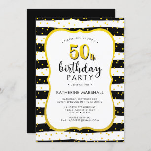 50th Birthday Striped Gold and Black Invitation