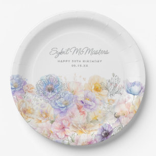 50th Birthday Summer Watercolor Floral Custom Paper Plates