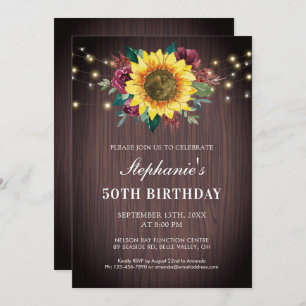 50th Birthday Sunflower Burgundy Rose Wood Lights Invitation