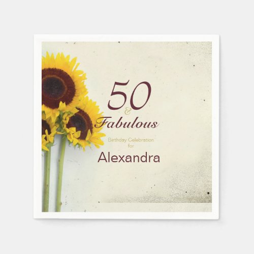 50th Birthday Sunflower Rustic Party Napkins