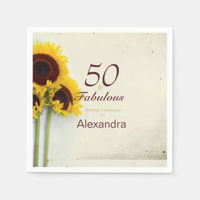 50th Birthday Sunflower Rustic Party Napkins (Front)