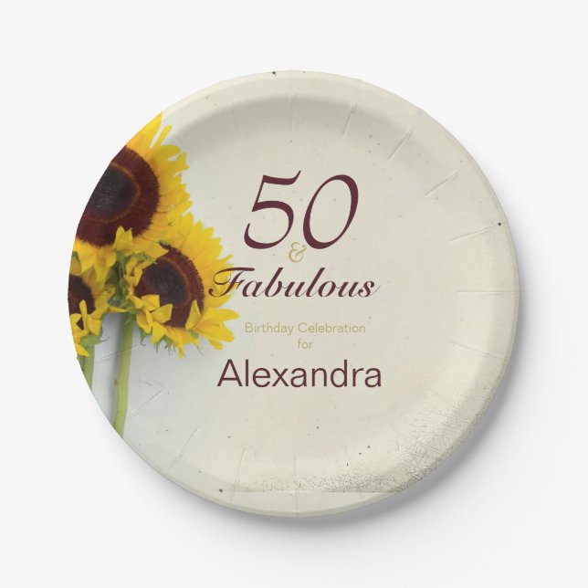 50th Birthday Sunflower Rustic party Paper Plates (Front)