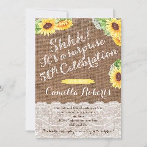 50th Birthday Surprise Party for lady Sunflowers Invitation