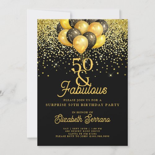 50th Birthday Surprise Party Gold Black Glitter In Invitation