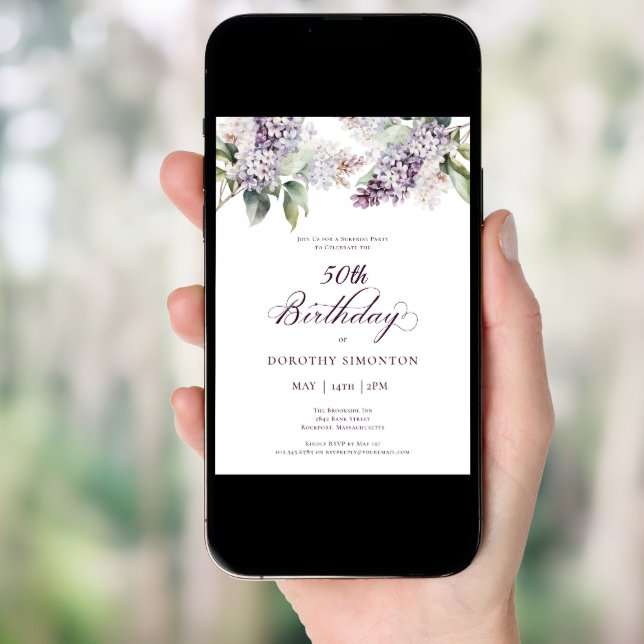 50th Birthday Surprise Party Purple Lilac Flower Invitation (Front Digital)