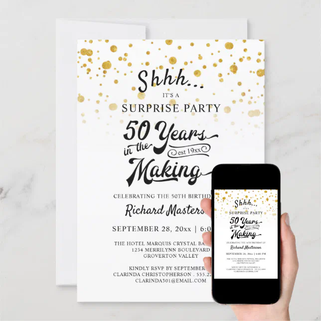 50th Birthday Surprise Party Retro Gold Confetti Invitation | Zazzle