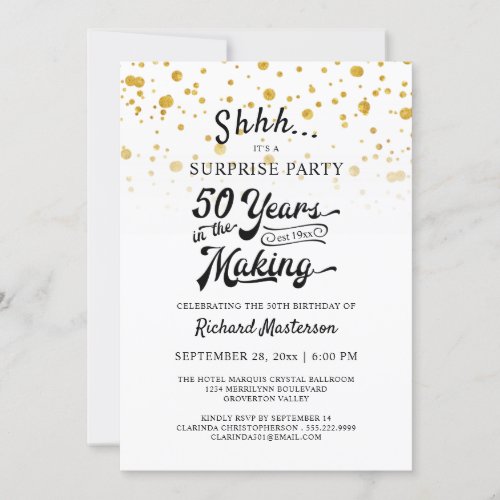 50th Birthday Surprise Party Retro Gold Confetti Invitation