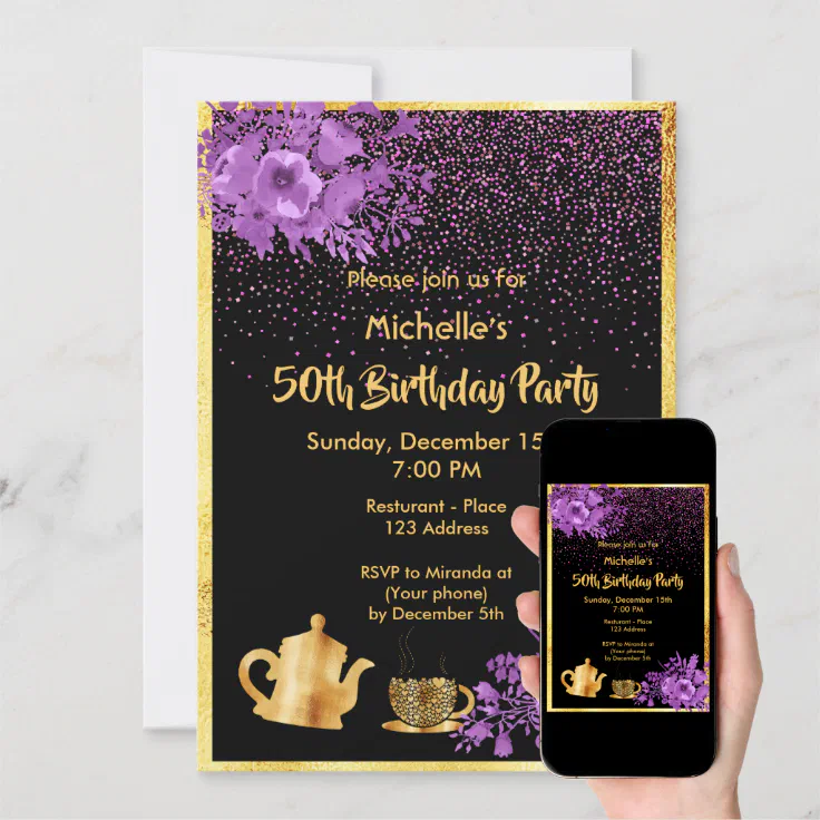 50th birthday tea party black gold violet invitation | Zazzle