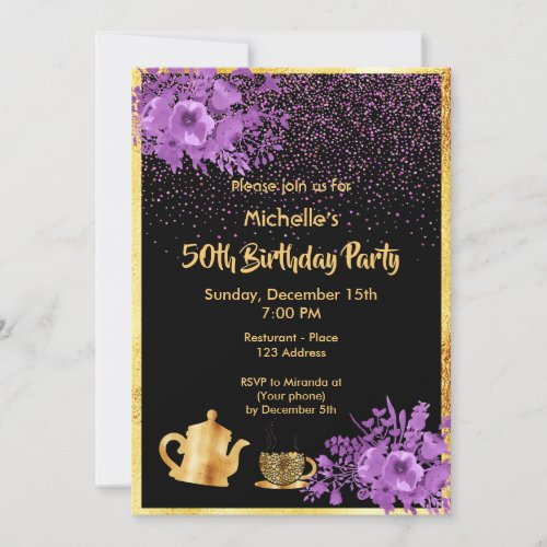 50th birthday tea party black gold violet invitation