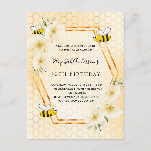50th birthday tea party honeycomb bees invitation postcard