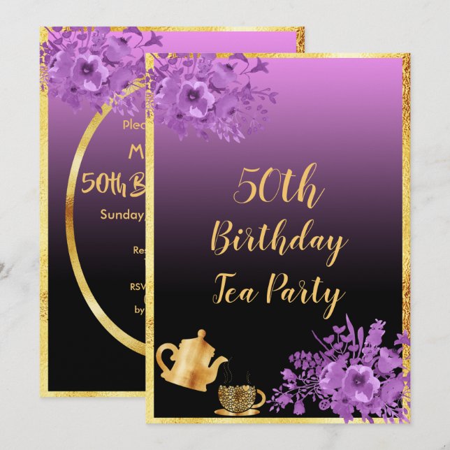50th birthday tea party invitation black purple (Front/Back)