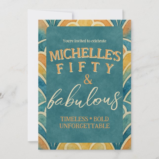 50th Birthday Teal and Gold Art Deco Invitation (Front)
