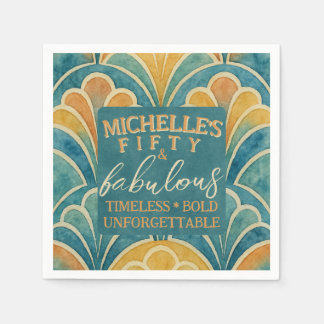 50th Birthday Teal and Gold Art Deco Style Napkins