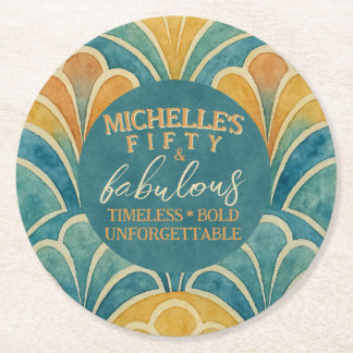 50th Birthday Teal and Gold Art Deco Style Round Paper Coaster