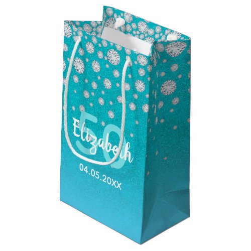 50th birthday teal blue green glitter name diamond small gift bag