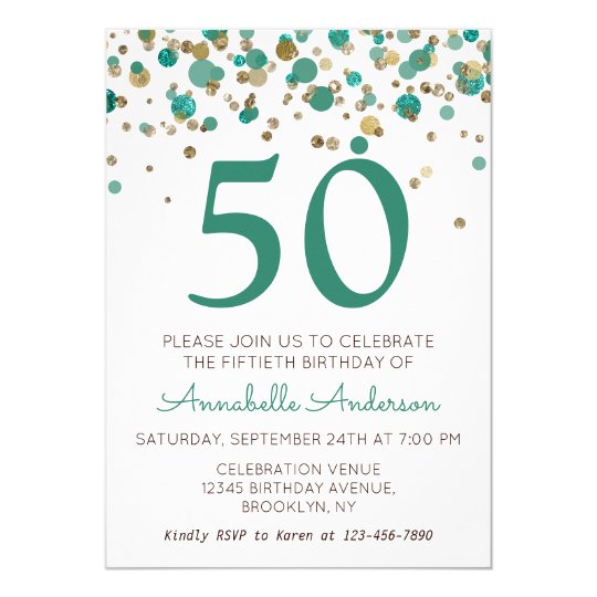 50th Birthday Teal Gold Glitter Sparkle Confetti Invitation | Zazzle.com