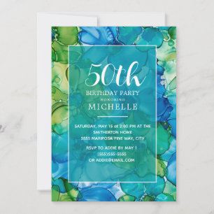 50th Birthday Teal Green Alcohol Ink Elegant Invitation