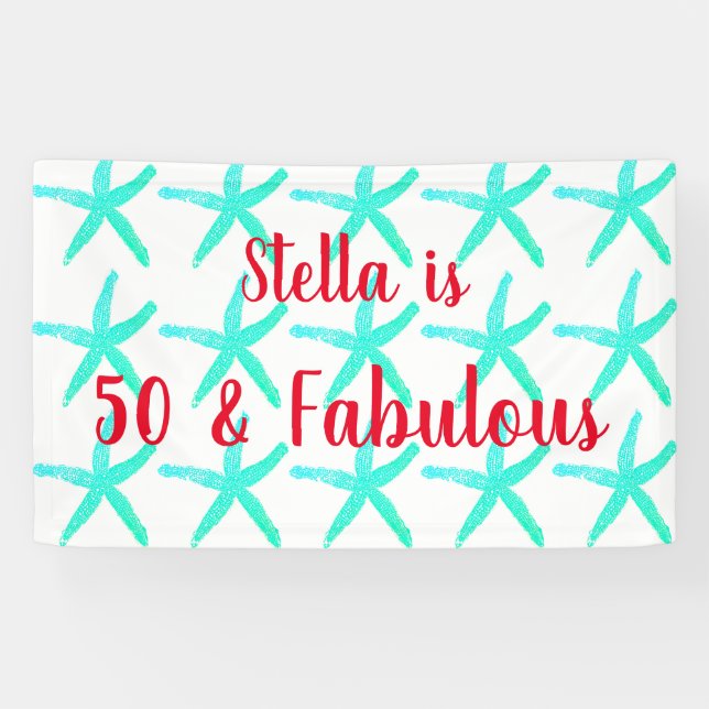 50th Birthday Teal Starfish Patterns Fifty Age Banner (Horizontal)