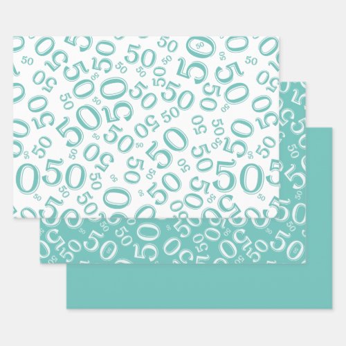 50th Birthday Teal  White Number Pattern 50 Wrapping Paper Sheets