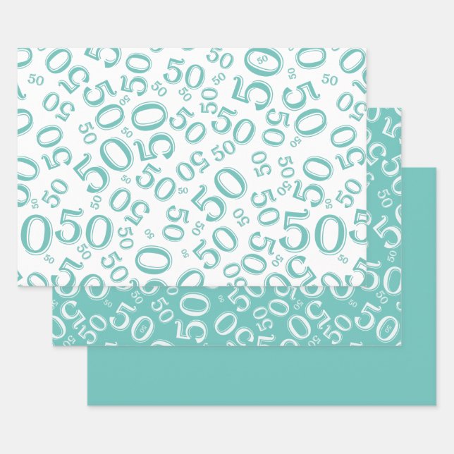 50th Birthday Teal & White Number Pattern 50 Wrapping Paper Sheets (Set)