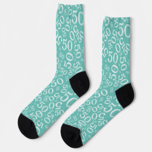 50th Birthday Teal/White Random Number Pattern Socks