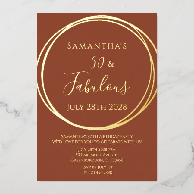 50th Birthday Terracotta Real Gold Foil Invitation (Front)