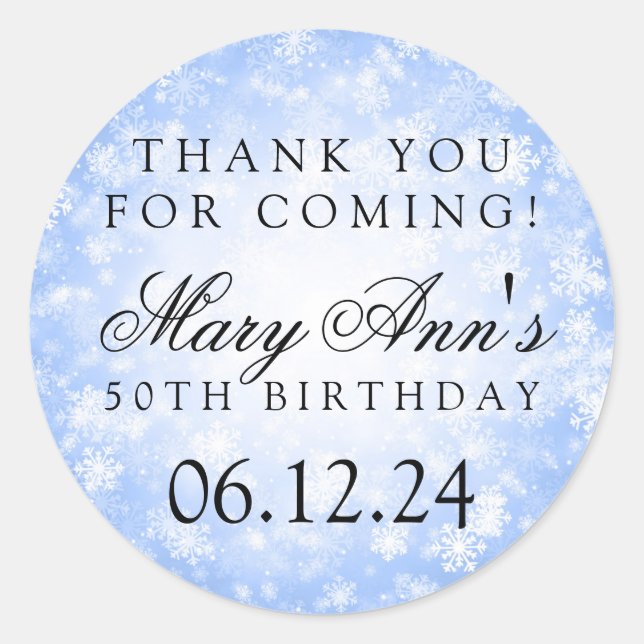 50th Birthday Thank You Blue Winter Wonderland Classic Round Sticker (Front)