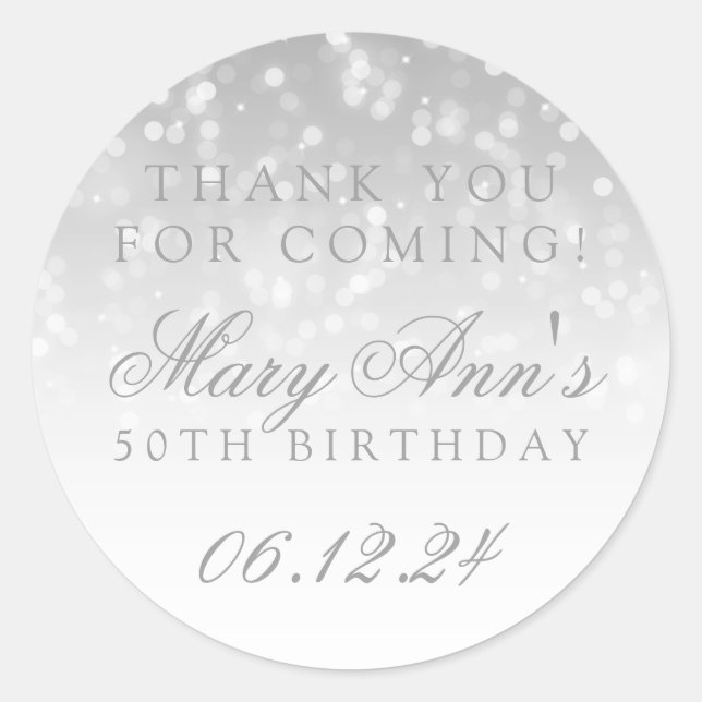 50th Birthday Thank You Silver Bokeh Sparkle Light Classic Round Sticker (Front)