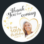 50th Birthday Thank You White Black Gold Favor Classic Round Sticker<br><div class="desc">Create unique Thank You stickers for the 50th birthday party favors with an elegant design in white black and gold colors that feature a photo in a heart shape,  name,  and the fiftieth milestone. Use the template to type your text and upload a picture.</div>