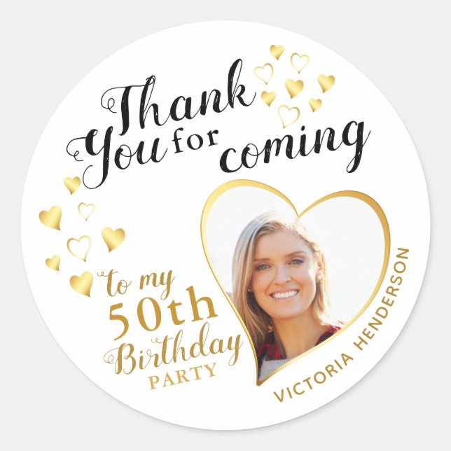 50th Birthday Thank You White Black Gold Favor Classic Round Sticker (Front)